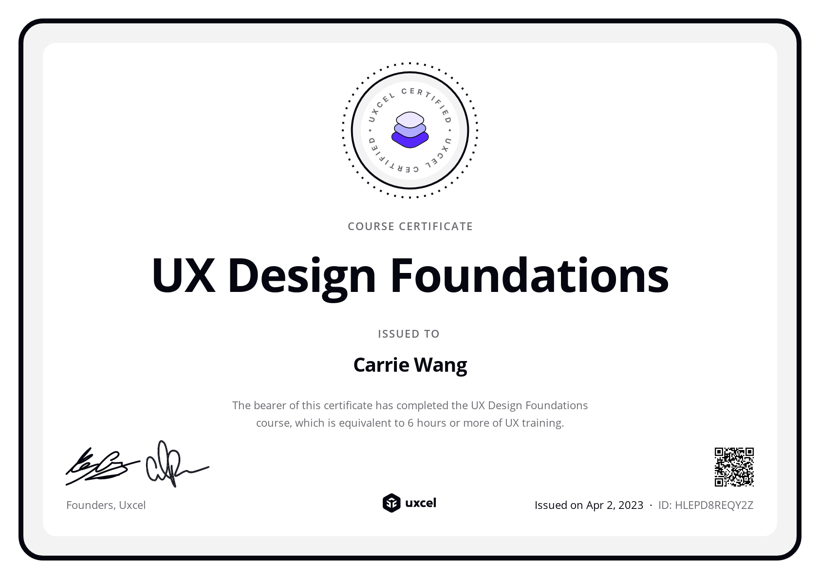 Carrie Wang's certificate